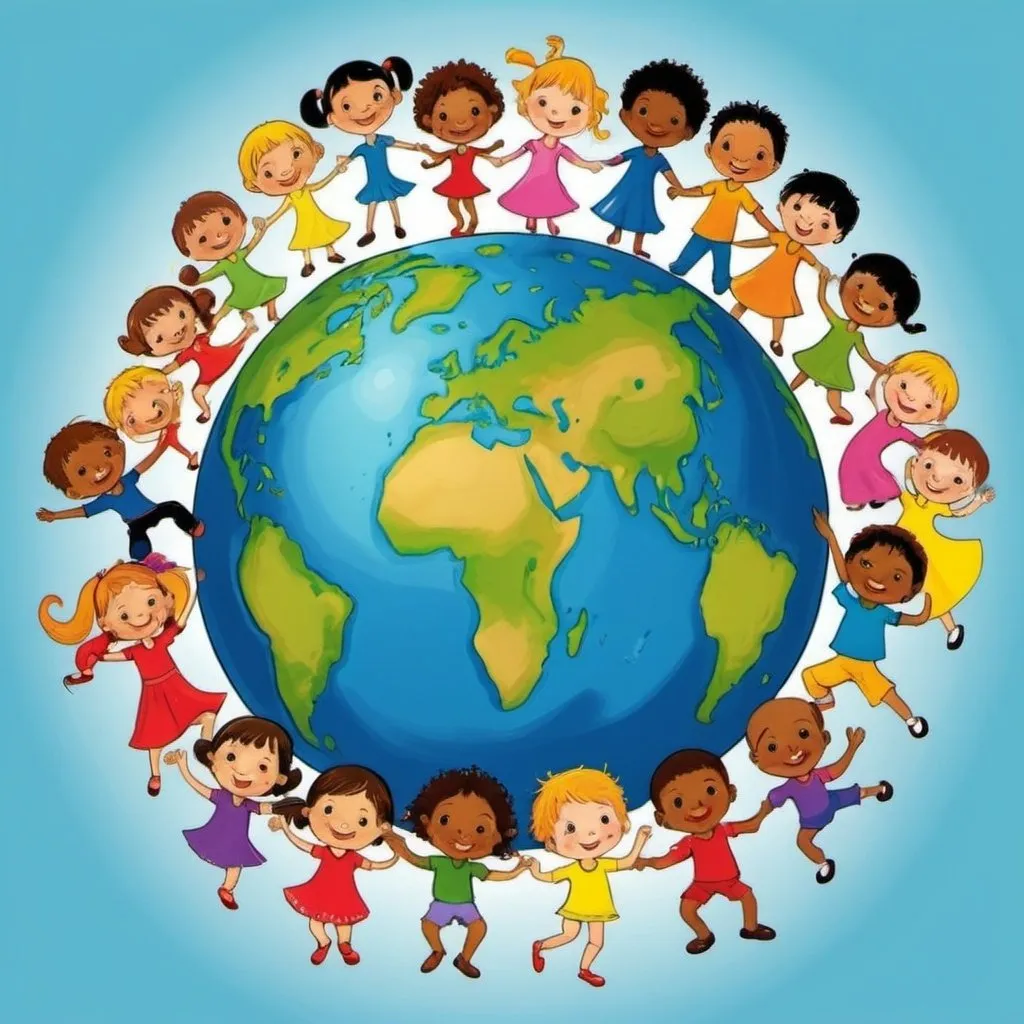 Prompt: The earth, international children, dancing,fun, colourful, cartoon