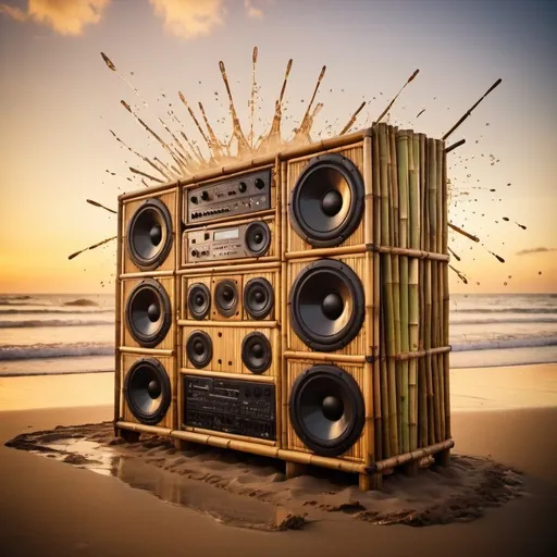 Prompt: A huge soundsystem made of bamboo sits on a beach. A big splash. Musical notes. Sunset. Psychedelic. Tropical. Melting