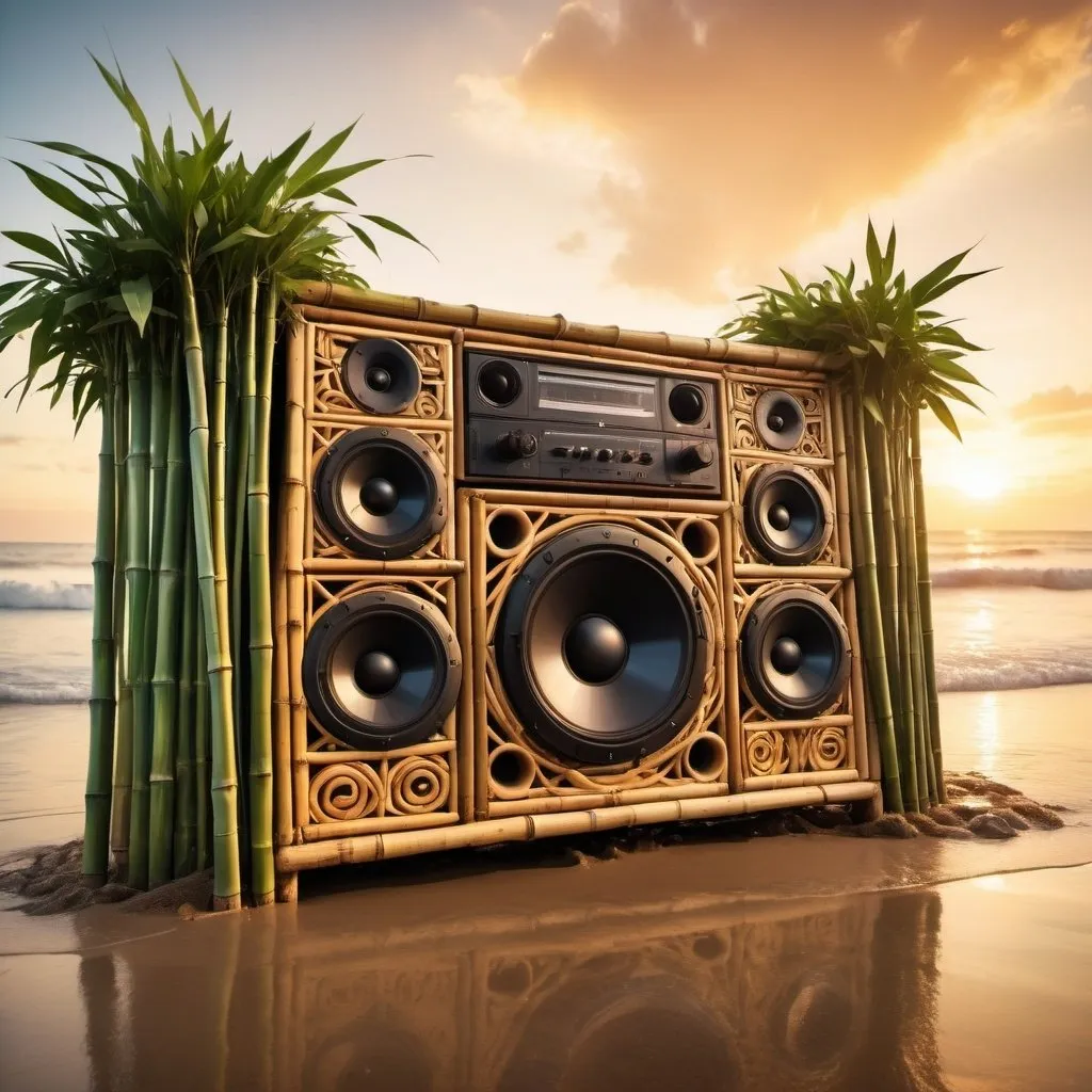 Prompt: A huge soundsystem made of bamboo sits on a beach. A big splash. Musical notes. Sunset. Psychedelic. Tropical. Melting