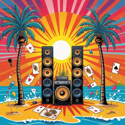 Prompt: psychedelic print, two big speakers and one microphone, beach, a palmtree, a big splash in the water, stickmen are dancing, a magician is playing with cards, the sun is setting, melting, concert poster, trick of the eye painting