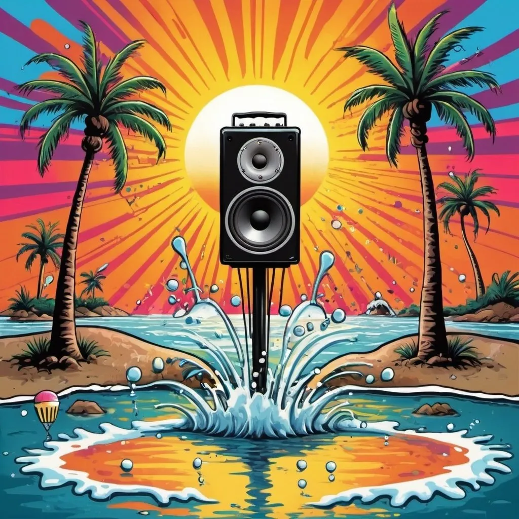 Prompt: psychedelic print, a big speaker, a microphone, beach, a palmtree, a big splash in the water, stickmen are dancing, the sun is setting, melting, concert poster, trick of the eye painting