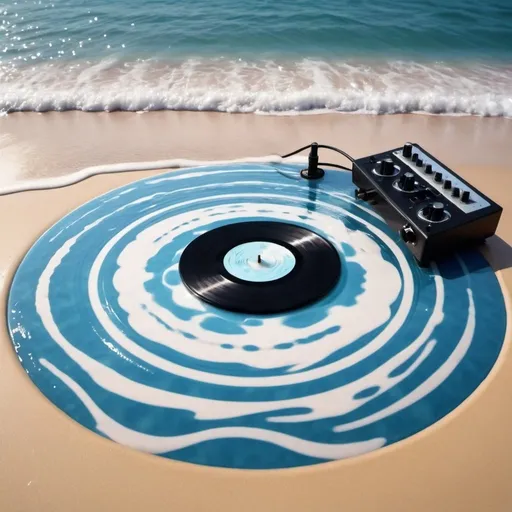 Prompt: Water is dancing to music. The water is moving in a hypnotic pattern forming an image of a set of vinyl turntables and a mixer. The background is a tropical beach.