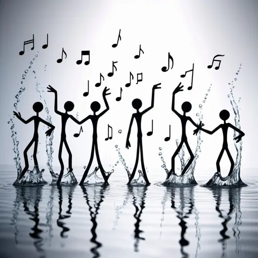 Prompt: music notes made of water are dancing on the page with dancing stickmen made of water