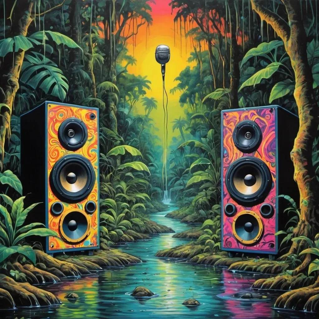 Prompt: psychedelic print, two big speakers and one microphone, jungle, river, melting, concert poster, trick of the eye painting