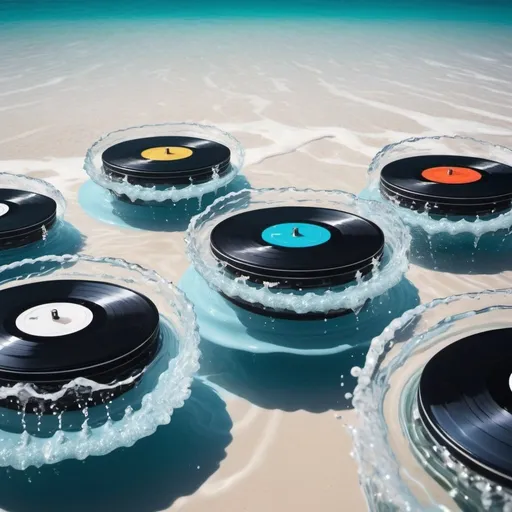 Prompt: Water is dancing to music. The water is moving in a hypnotic pattern forming an image of a set of vinyl turntables and a mixer. The background is a tropical beach.