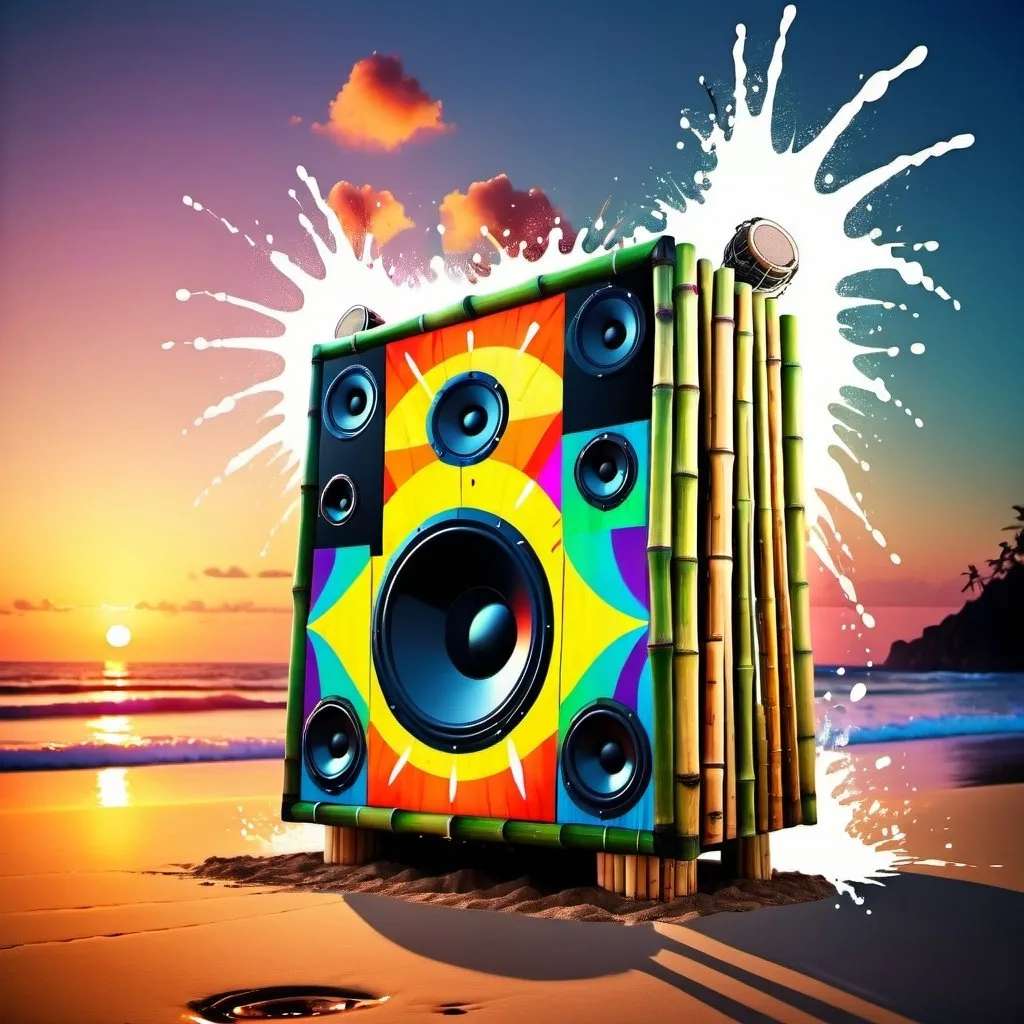 Prompt: A huge soundsystem made of bamboo sits on a beach. A big splash. Musical notes. Sunset. Psychedelic colours. Tropical. Melting