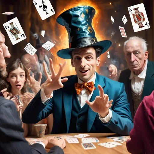 Prompt: A magician wearing a very cool suit is firing playing cards from his fingertips at a group of amazed looking spectators. The magician is wearing a wizard hat, Picasso style,