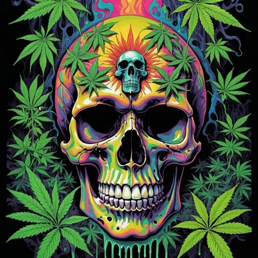 Prompt: psychedelic print skull, jungle, cannabis theme, melting, concert poster, trick of the eye painting