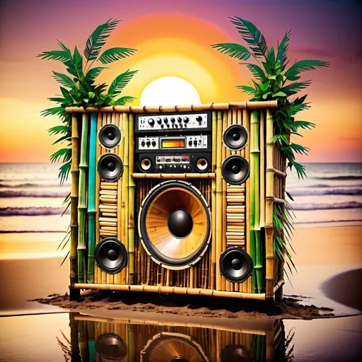 Prompt: A huge soundsystem made of bamboo sits on a beach. A big splash. Musical notes. Sunset. Psychedelic colours. Tropical. Melting