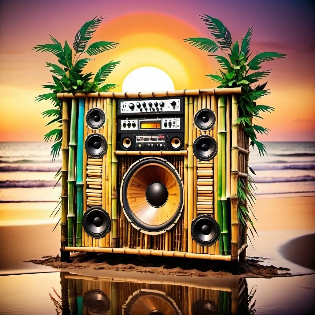 Prompt: A huge soundsystem made of bamboo sits on a beach. A big splash. Musical notes. Sunset. Psychedelic colours. Tropical. Melting