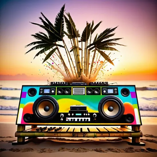 Prompt: A huge soundsystem made of bamboo sits on a beach. A big splash. Musical notes. Sunset. Psychedelic colours. Tropical. Melting