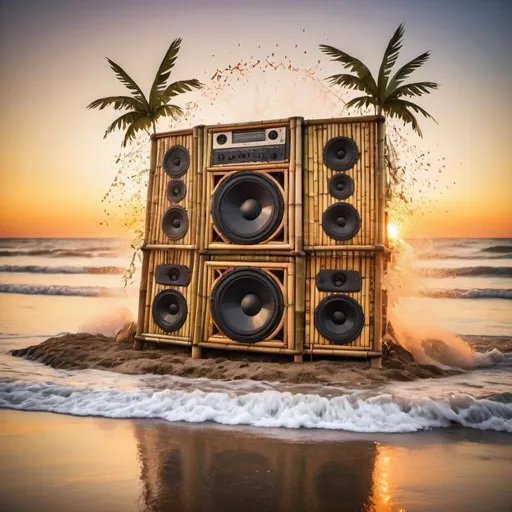 Prompt: A huge soundsystem made of bamboo sits on a beach. A big splash. Musical notes. Sunset. Psychedelic. Tropical. Melting