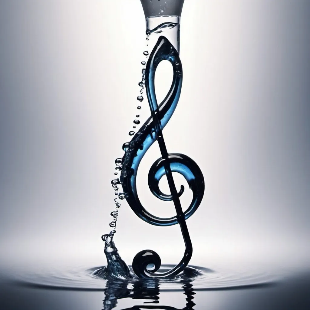 Prompt: A music note is turning into a saxophone. The image looks is made of water.