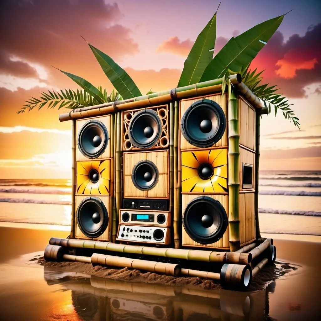 Prompt: A huge soundsystem made of bamboo sits on a beach. A big splash. Musical notes. Sunset. Psychedelic colours. Tropical. Melting