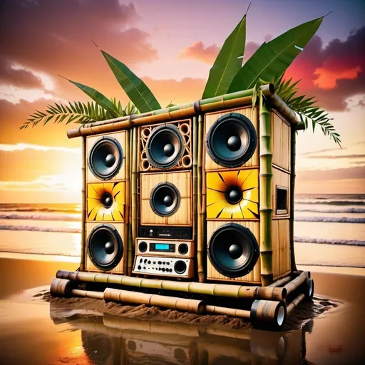 Prompt: A huge soundsystem made of bamboo sits on a beach. A big splash. Musical notes. Sunset. Psychedelic colours. Tropical. Melting