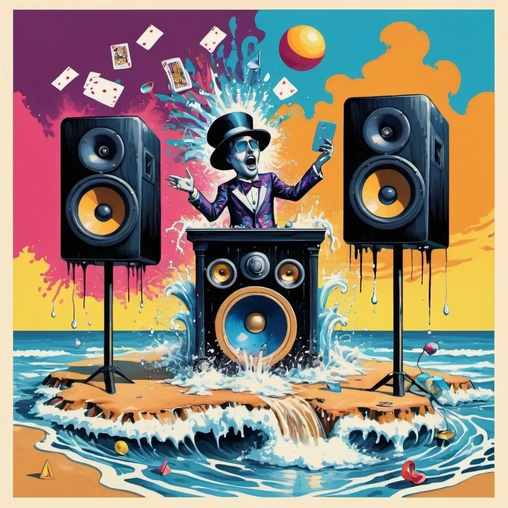 Prompt: psychedelic print, two big speakers and one microphone, beach, a big splash in the water, a magician is playing woth cards, melting, concert poster, trick of the eye painting