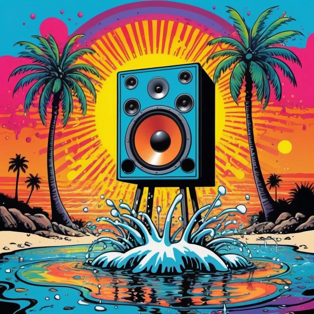 Prompt: psychedelic print, a big speaker, a microphone, beach, a palmtree, a big splash in the water, stickmen are dancing, the sun is setting in psychedelic colors, melting, concert poster, trick of the eye painting