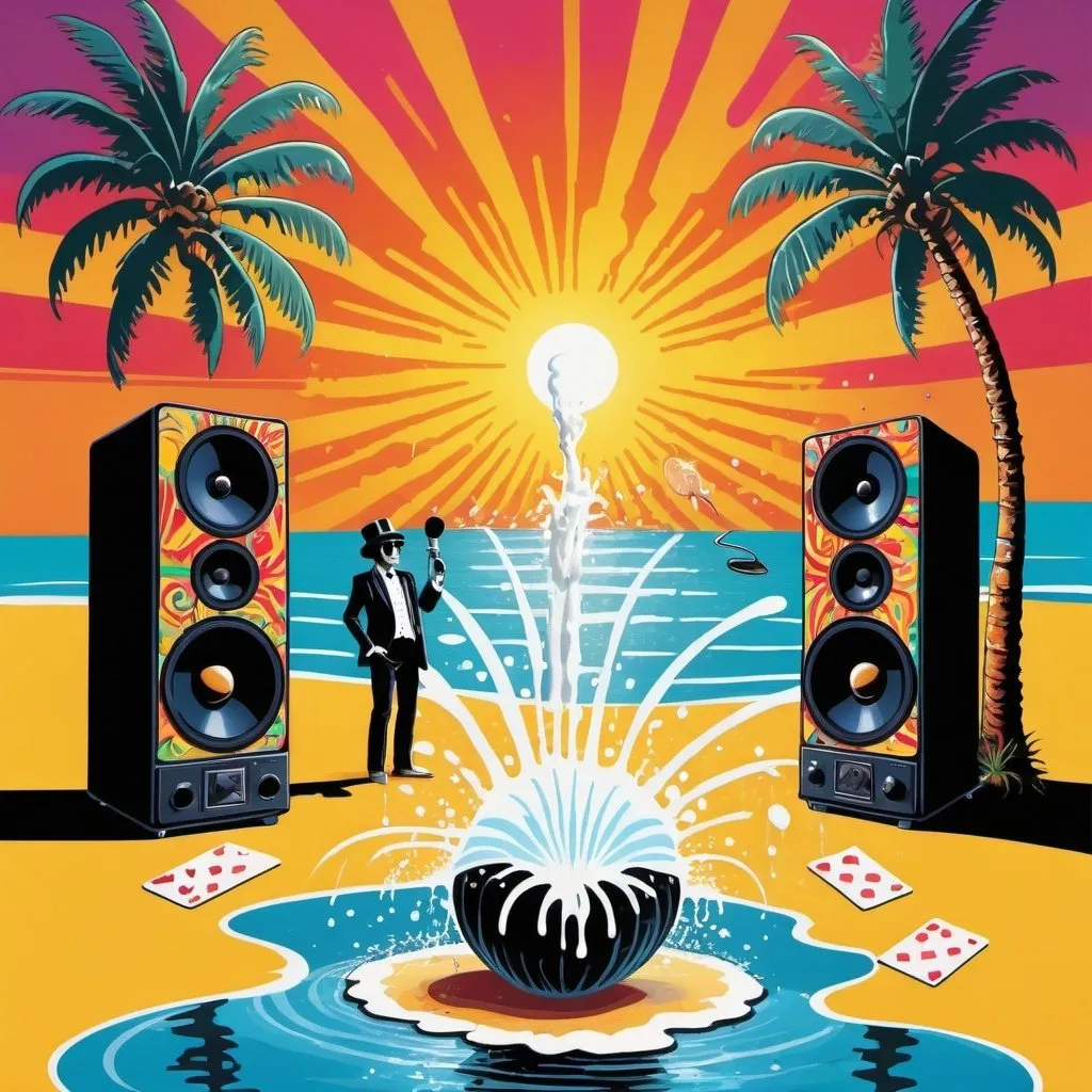 Prompt: psychedelic print, two big speakers and one microphone, beach, a palmtree, a big splash in the water, a magician is playing with cards, the sun is setting, melting, concert poster, trick of the eye painting