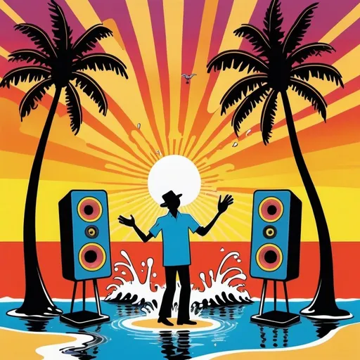 Prompt: psychedelic print, two big speakers and one microphone, beach, a palmtree, a big splash in the water, stickmen are dancing, a magician is playing with cards, the sun is setting, sunset colours, melting, concert poster, trick of the eye painting