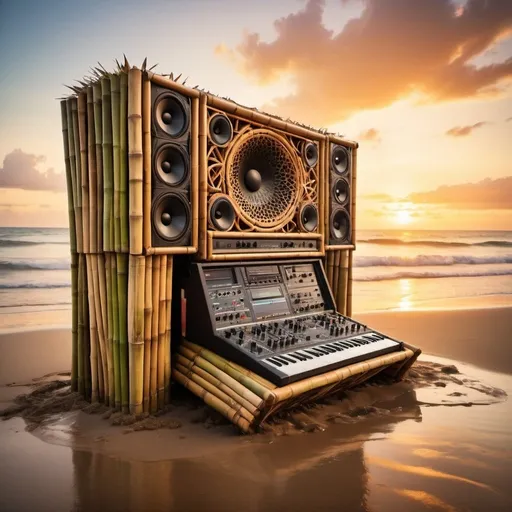 Prompt: A huge soundsystem made of bamboo sits on a beach. A big splash. Musical notes. Sunset. Psychedelic. Tropical. Melting