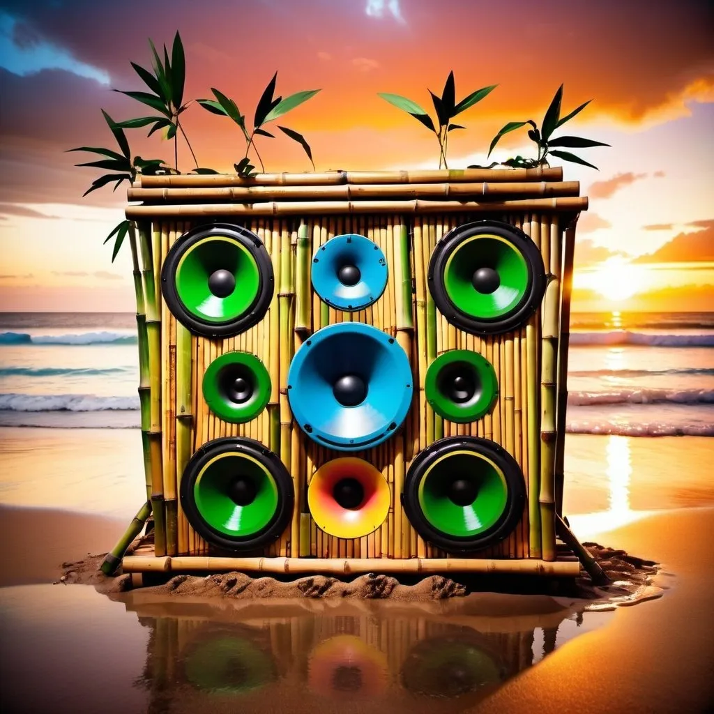 Prompt: A huge soundsystem made of bamboo sits on a beach. A big splash. Musical notes. Sunset. Psychedelic colours. Tropical. Melting