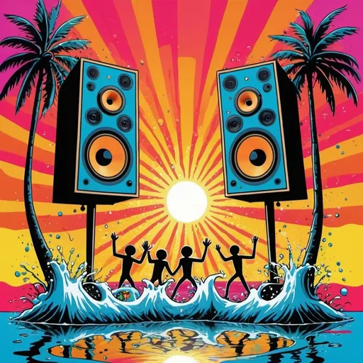 Prompt: psychedelic print, a big speaker, a microphone, beach, a palmtree, a big splash in the water, stickmen are dancing, the sun is setting in psychedelic colors, melting, concert poster, trick of the eye painting