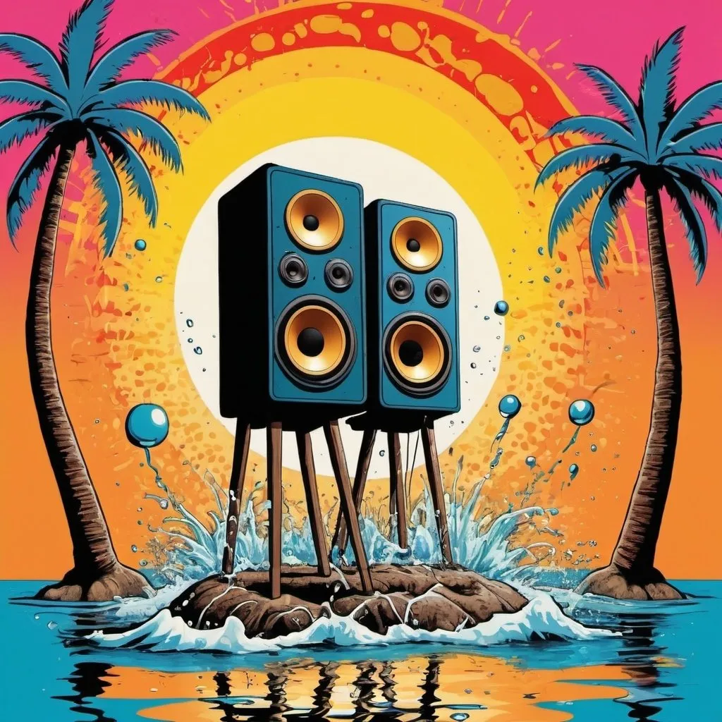 Prompt: psychedelic print, a big speaker, a microphone, beach, a palmtree, a big splash in the water, stickmen are dancing, the sun is setting, melting, concert poster, trick of the eye painting