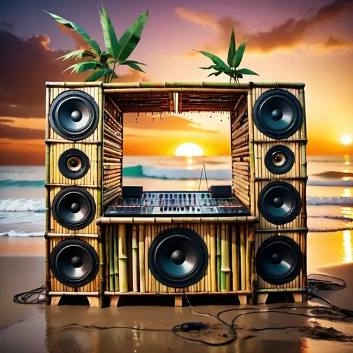 Prompt: A huge soundsystem made of bamboo sits on a beach. A big splash. Musical notes. Sunset. Psychedelic colours. Tropical. Melting