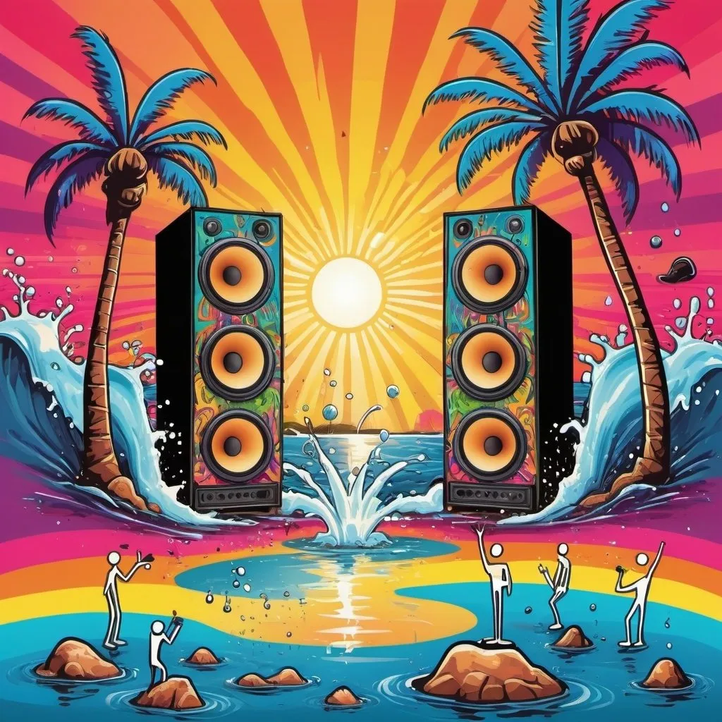 Prompt: psychedelic print, a big speaker, a microphone, beach, a palmtree, a big splash in the water, stickmen are dancing, the sun is setting in psychedelic colors, melting, concert poster, trick of the eye painting