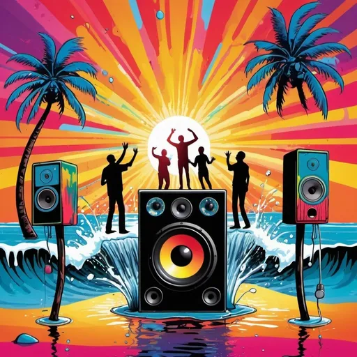 Prompt: psychedelic print, a big speaker, a microphone, beach, a palmtree, a big splash in the water, stickmen are dancing, the sun is setting in psychedelic colors, melting, concert poster, trick of the eye painting