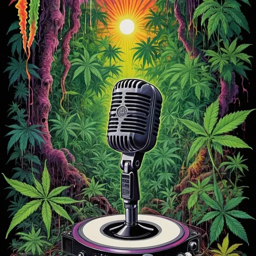 Prompt: psychedelic print, microphone, sound system, jungle, cannabis plants, melting, concert poster, trick of the eye painting