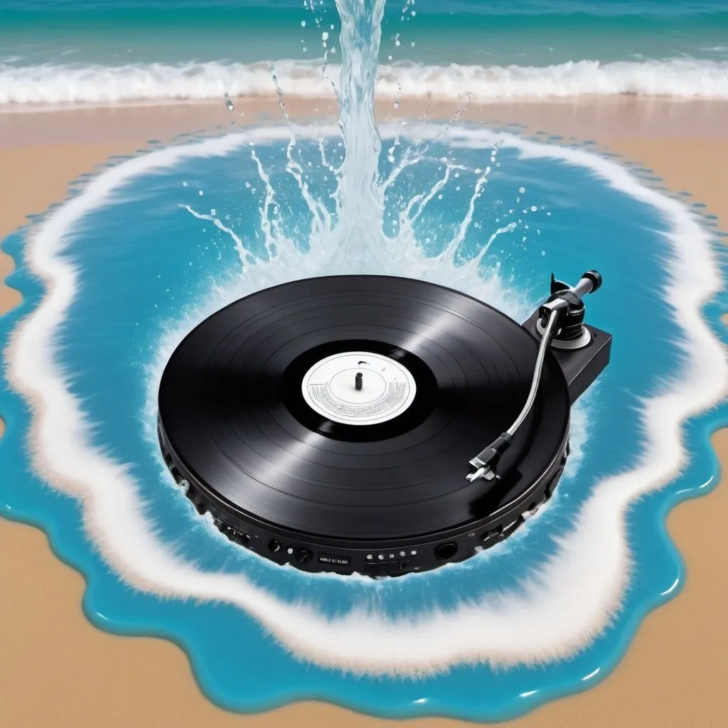 Prompt: Water is dancing to music. The water is moving in a hypnotic pattern forming an image of a set of vinyl turntables and a mixer. The background is a tropical beach.