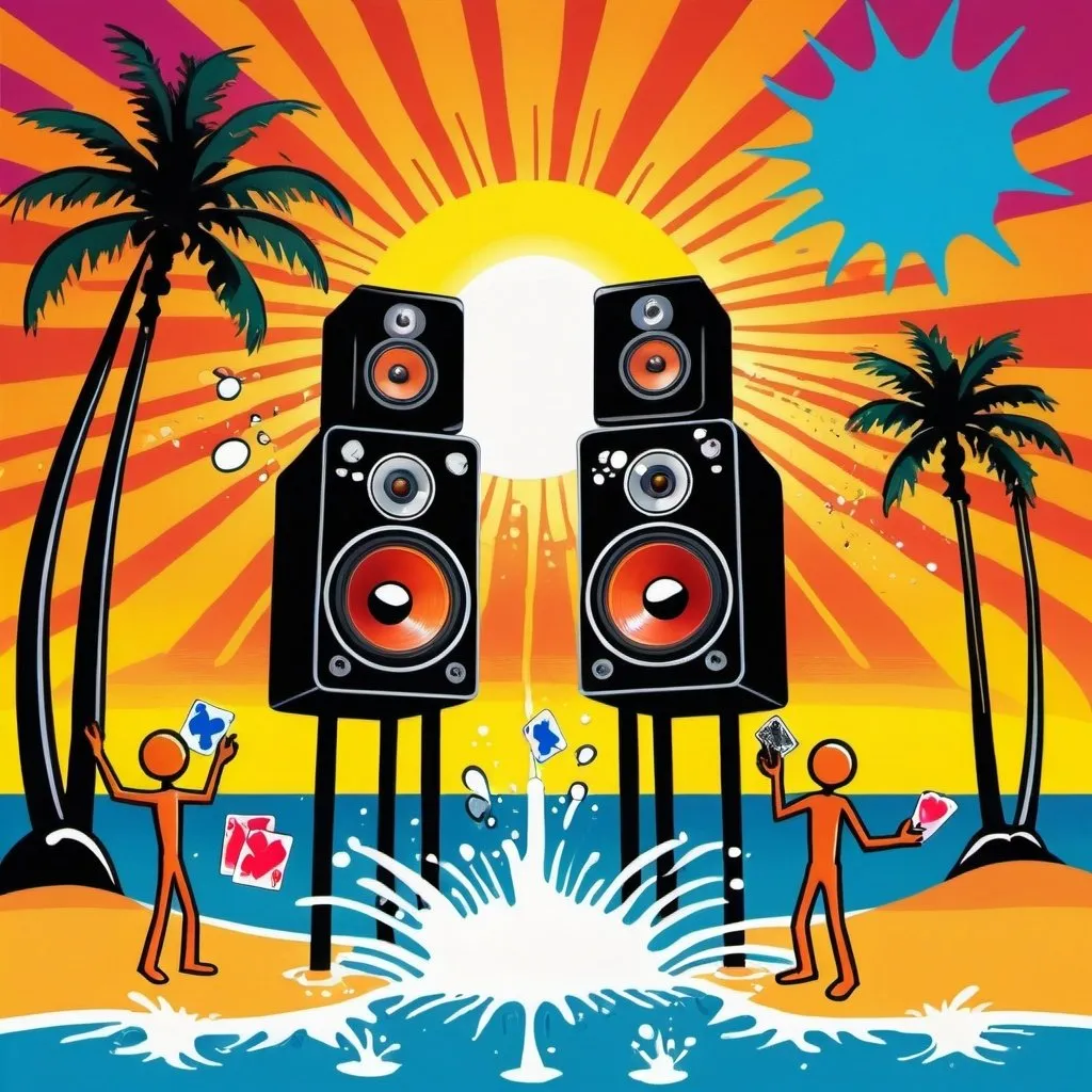 Prompt: psychedelic print, two big speakers and one microphone, beach, a palmtree, a big splash in the water, stickmen are dancing, a magician is playing with cards, the sun is setting, melting, concert poster, trick of the eye painting