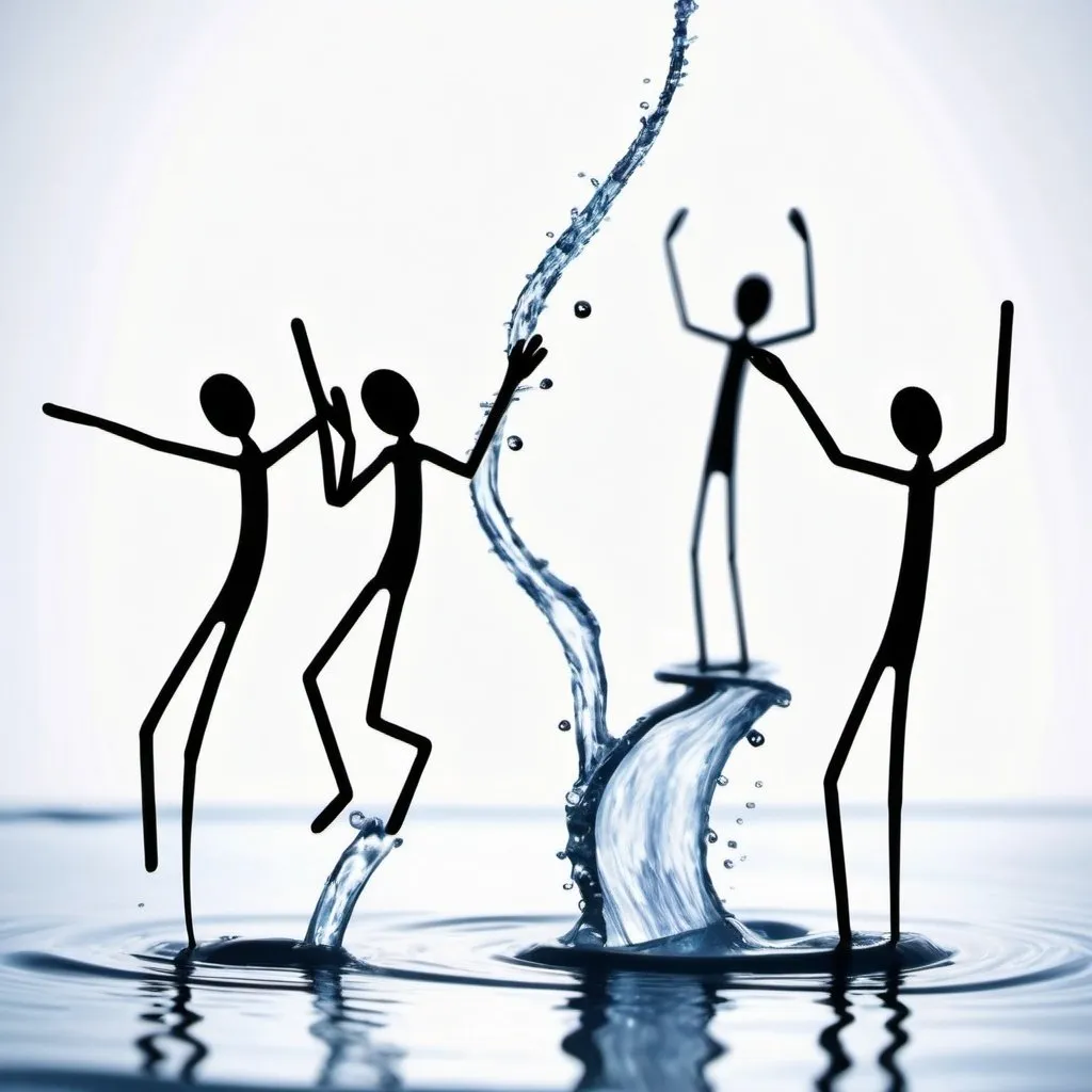 Prompt: music notes made of water are dancing on the page with dancing stickmen made of water