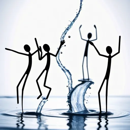 Prompt: music notes made of water are dancing on the page with dancing stickmen made of water