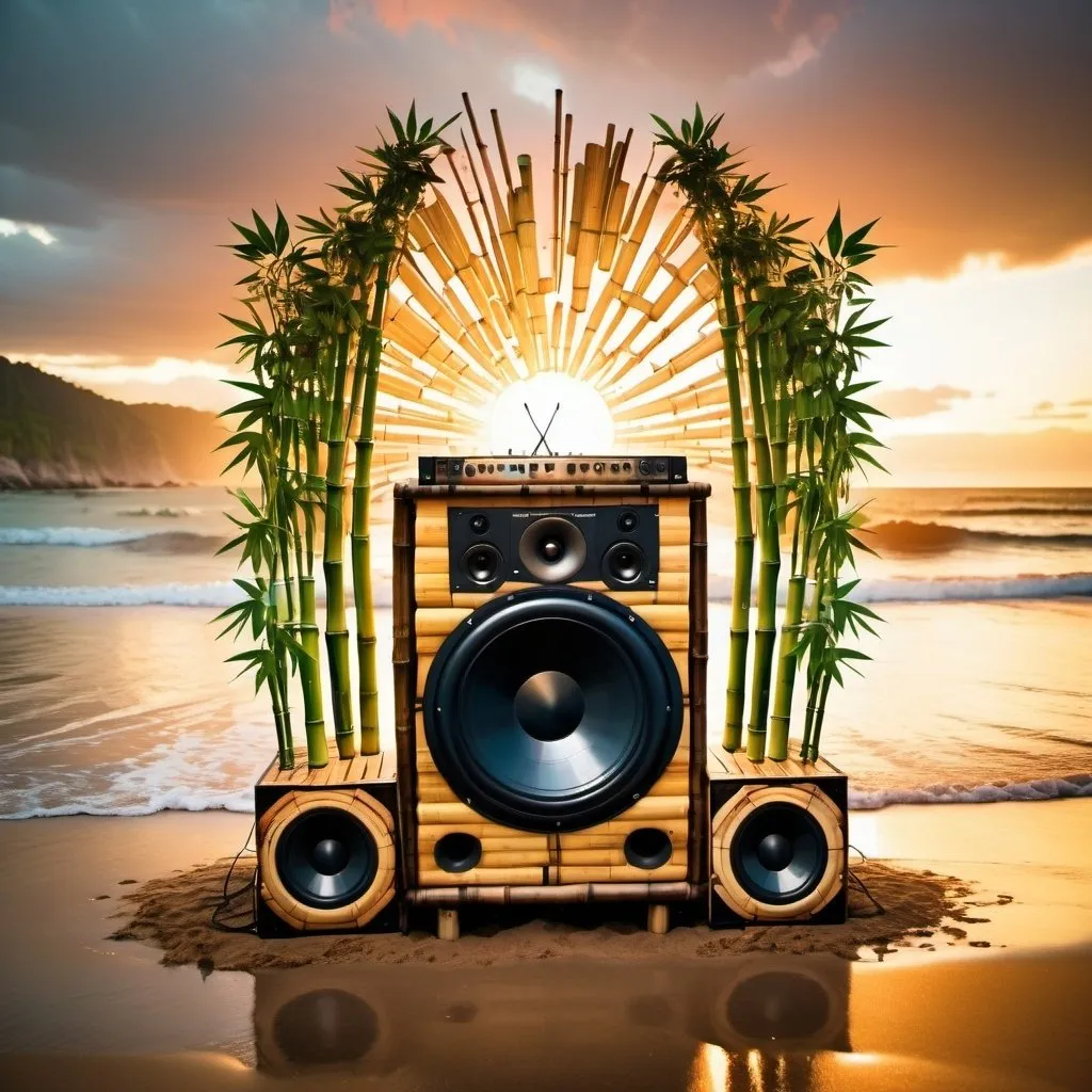 Prompt: A huge soundsystem made of bamboo sits on a beach. A big splash. Musical notes. Sunset. Psychedelic. Tropical. Melting