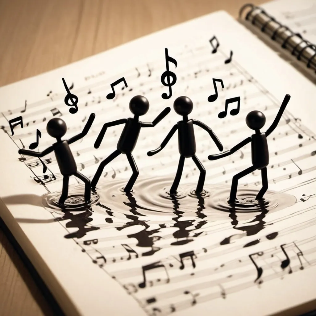 Prompt: music notes are dancing on the page with dancing stickmen, everything is made of water.