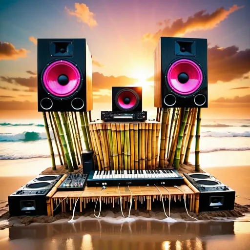 Prompt: A huge soundsystem made of bamboo sits on a beach. A big splash. Musical notes. Sunset. Psychedelic colours. Tropical. Melting