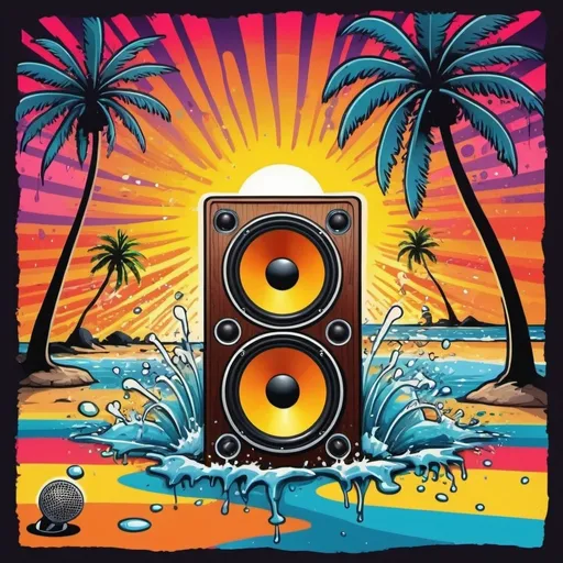 Prompt: psychedelic print, a big speaker, a microphone, beach, a palmtree, a big splash in the water, stickmen are dancing, the sun is setting in psychedelic colors, melting, concert poster, trick of the eye painting
