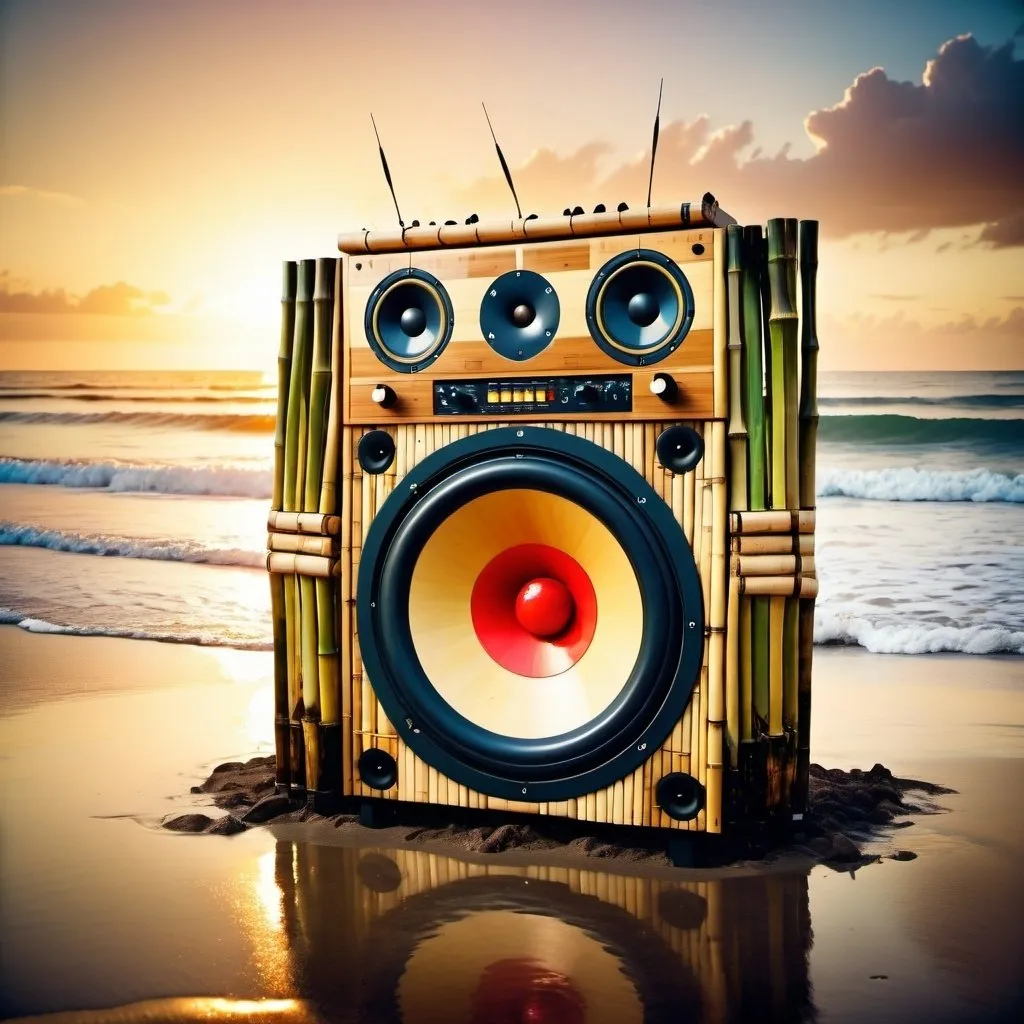 Prompt: A huge soundsystem made of bamboo sits on a beach. A big splash. Musical notes. Sunset. Psychedelic. Tropical. Melting