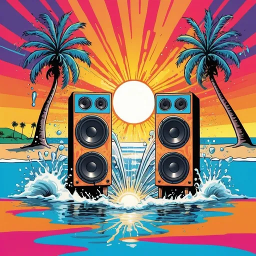 Prompt: psychedelic print, a big speaker, a microphone, beach, a palmtree, a big splash in the water, stickmen are dancing, the sun is setting in psychedelic colors, melting, concert poster, trick of the eye painting