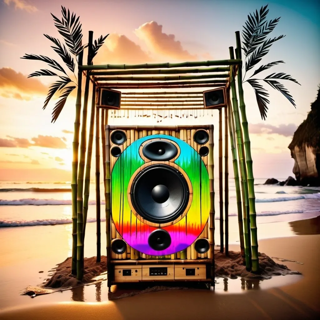 Prompt: A huge soundsystem made of bamboo sits on a beach. A big splash. Musical notes. Sunset. Psychedelic colours. Tropical. Melting