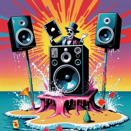 Prompt: psychedelic print, two big speakers and one microphone, beach, a big splash in the water, a magician is playing woth cards, melting, concert poster, trick of the eye painting
