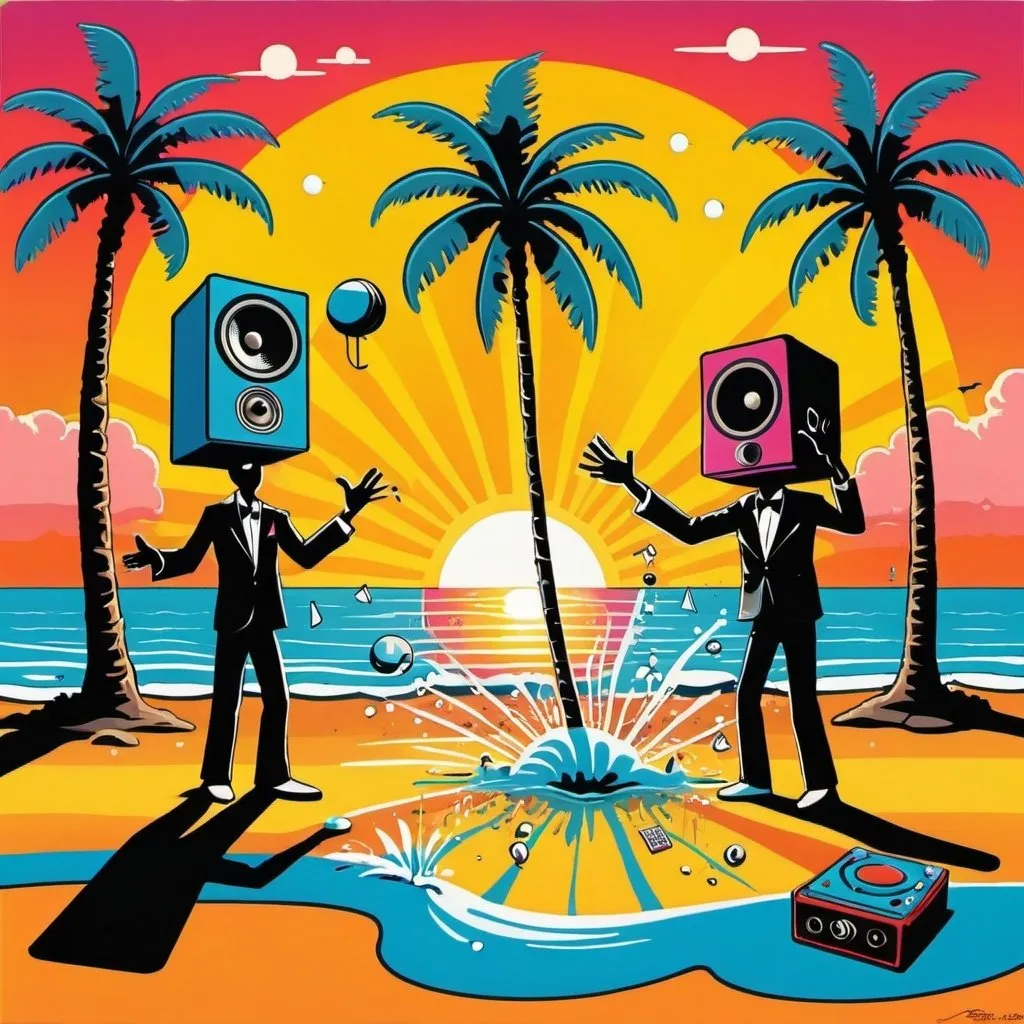 Prompt: psychedelic print, two big speakers and one microphone, beach, a palmtree, a big splash in the water, stickmen are dancing, a magician is playing with cards, the sun is setting, sunset colours, melting, concert poster, trick of the eye painting