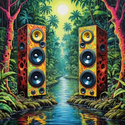 Prompt: psychedelic print, two big speakers and one microphone, jungle, river, melting, concert poster, trick of the eye painting