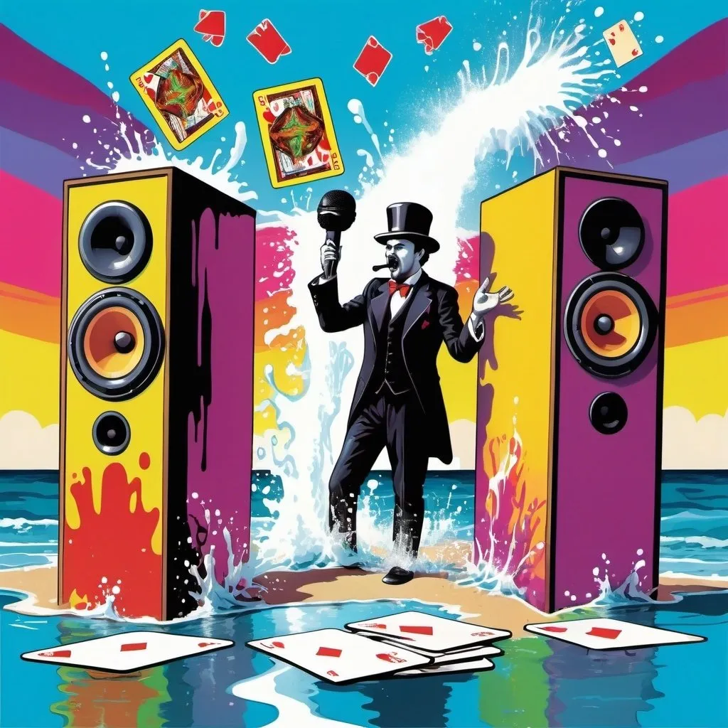 Prompt: psychedelic print, two big speakers and one microphone, beach, a big splash in the water, a magician is playing woth cards, melting, concert poster, trick of the eye painting