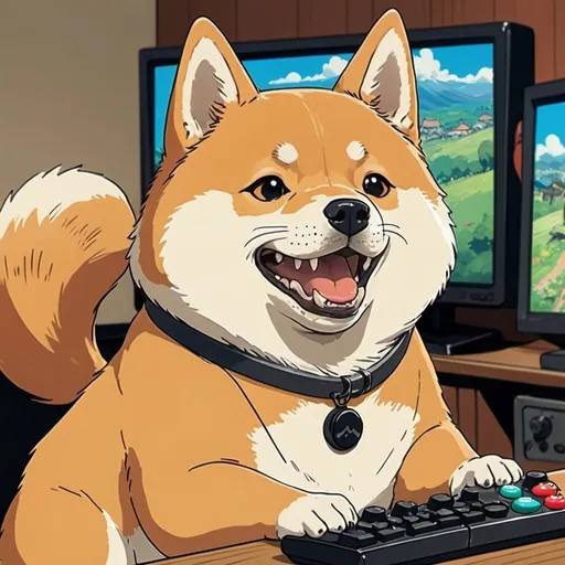 Prompt: 2d studio ghibli anime style, shiba inu playing video games, smiling with tongue slightly out, anime scene