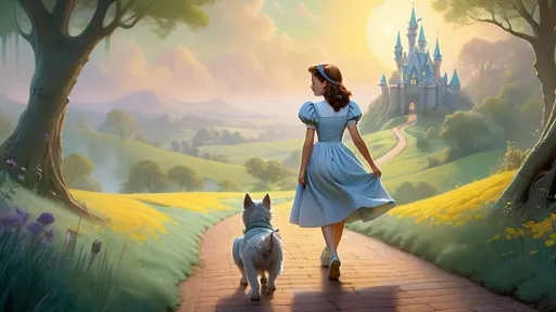 Prompt: An ethereal, dreamy pastel portrait of two characters, Dorothy and Toto, walking along the Yellowbrick Road toward the Emerald Castle, which appears in the hazy distance.