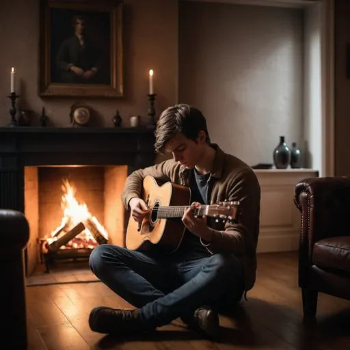 Prompt: A realistic photo image of a young man, sitting in a moody room, facing towards a fireplace with a crackling fire.  We cannot see his face.  He is cradling an acoustic guitar in his arms and facing away from the camera.  We cannot see his face.