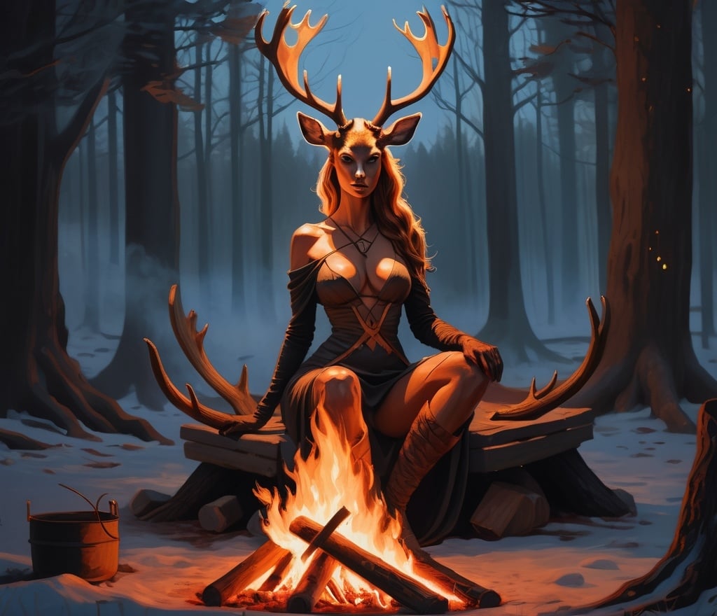 Prompt: a painting of a deerwoman, in the woods by a fire pit with a glowing fire, Anato Finnstark, fantasy art, dark fantasy art, a storybook illustration